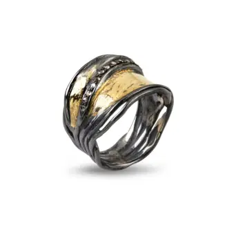 Birdie Nebula Pavé Slim sølv ring med 18 kt guld og diamanter - By Birdie Udsalg